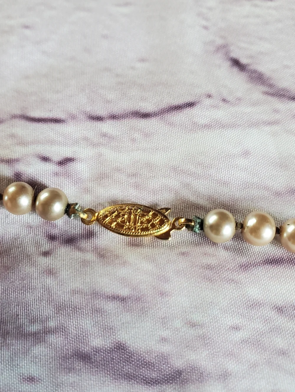 Vintage glass pearl necklace with sterling vermeil filigree clasp and hand knot